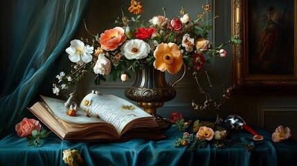 Still Life with Flowers, Book, and Antique Vase: A Masterpiece of Floral Art