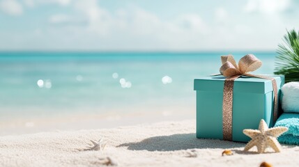 A beautifully wrapped gift box sits gracefully on the sand with colorful towels, evoking feelings of beach vacations and fun adventures in the sun by the seaside.