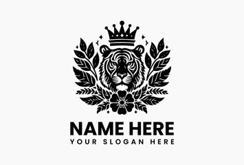 Stylized vector logo of a tiger wearing a crown, surrounded by blooming flowers, combining wild strength and natural beauty for creative and fashion branding  
