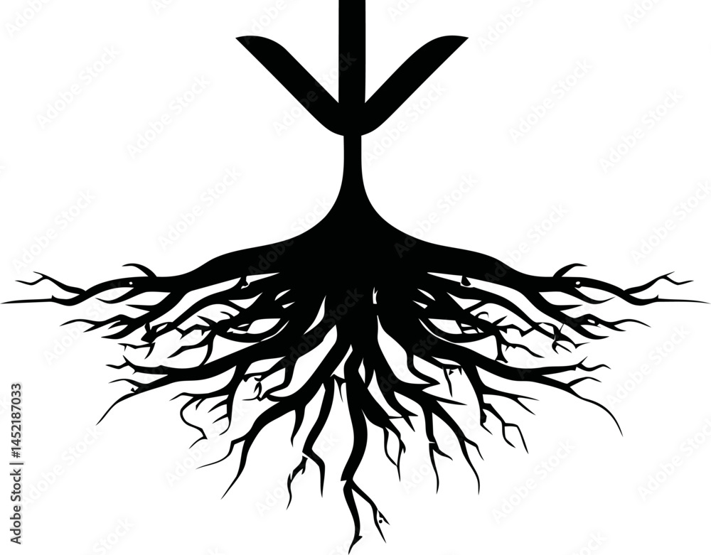 Poster black silhouette of tree roots with arrow in minimalist style vector art. vector illustration.