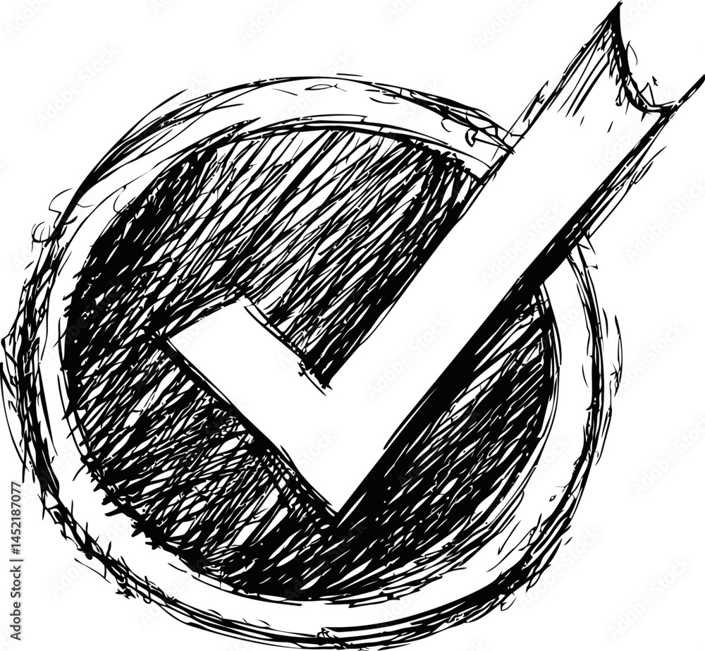Poster hand-drawn sketch of a bold check mark inside a round circle. vector illustration.