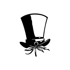 Stylized top hat icon illustration with a leaf element in monochrome design