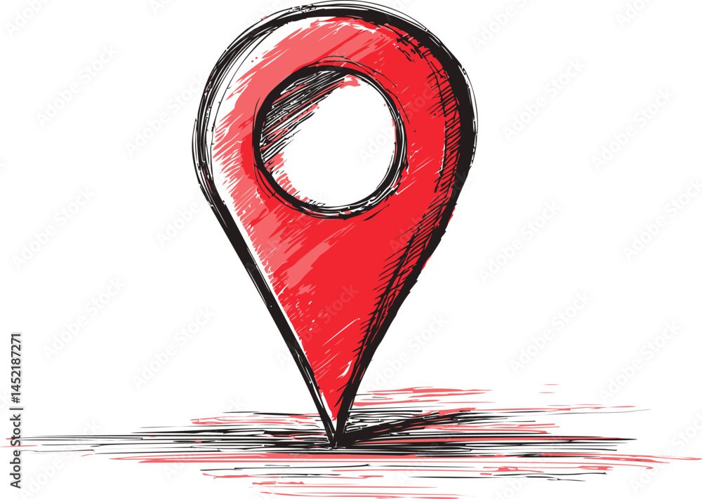 Poster red location pin sketch with artistic hatch details and urban concept. vector illustration.