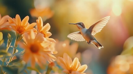 Fototapeta premium A photo of a hummingbird in flight, captured as it hovers near an orange flower.