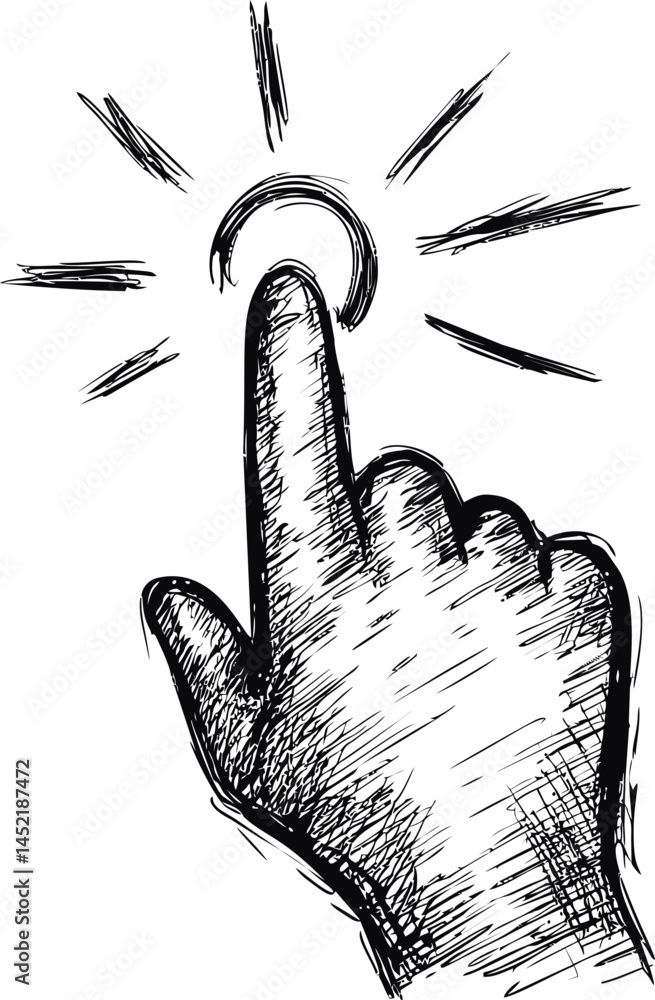 Poster sketch of a hand pointing with light radiating, concept of interaction illustration. vector illustra