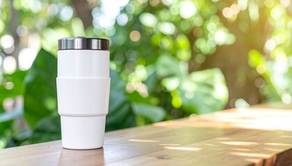 White stainless steel travel mug with silver lid placed on a light wooden surface, with a background of green leaves and hazy sunlight.