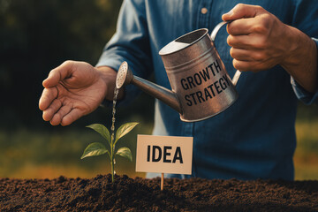 This illustrates the concept nurturing a business idea through a growth strategy symbolized by a hand watering a young plant labeled as 'idea '