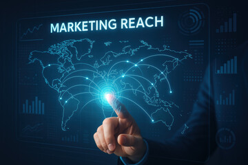 A strategic business concept highlighting global marketing reach through innovative digital interfaces aiding efficient decision and growth planning