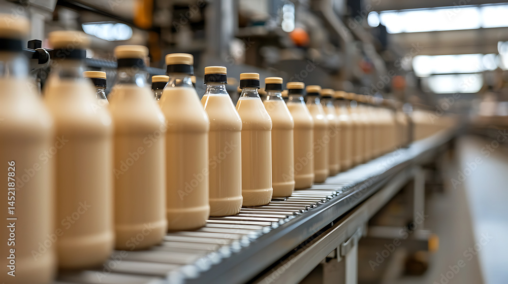 Poster automated bottling process in a factory, showcasing efficiency and large-scale beverage production o