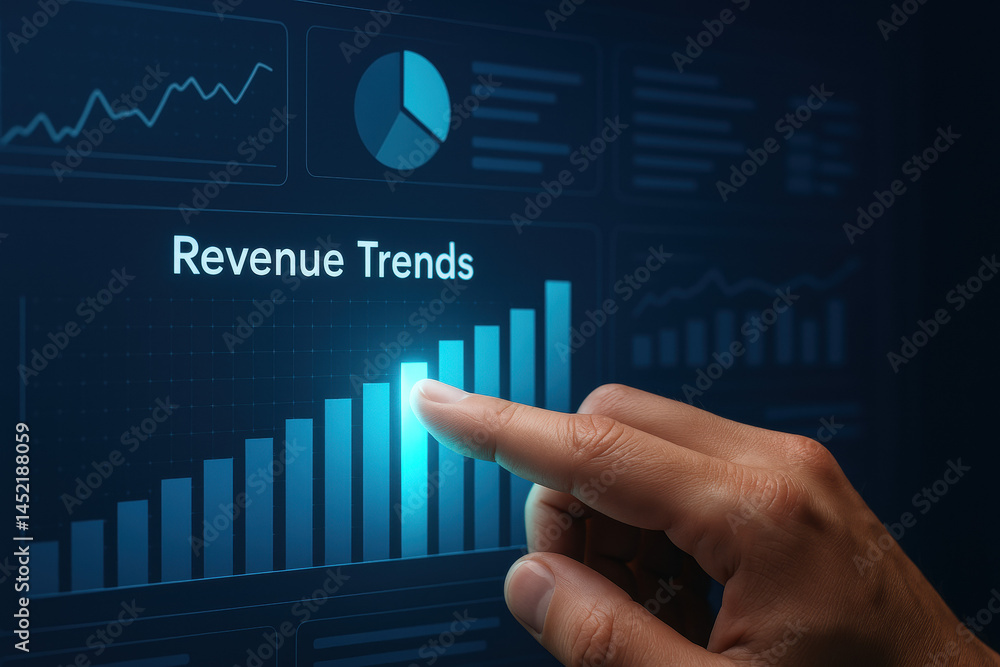Poster a hand interacting with a glowing bar graph on a digital report highlights key revenue trends symbol