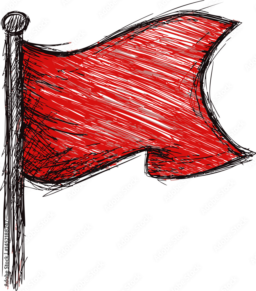 Poster sketch of a red flag fluttering on a pole in a hand-drawn style illustration. vector illustration.