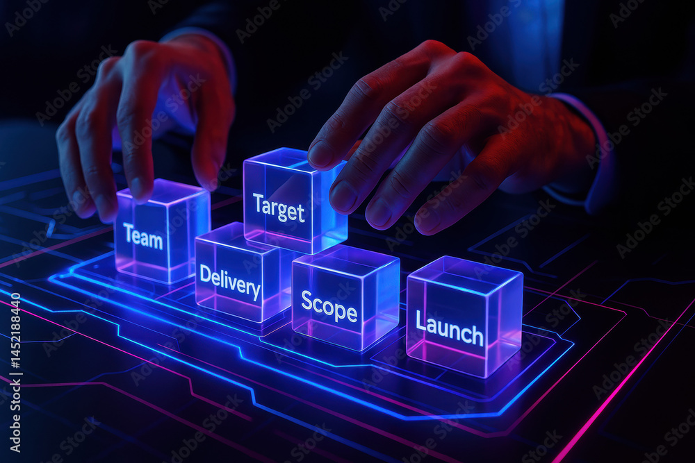 Poster a strategic decision process visualized by focused hands arranging illuminated blocks symbolizing te