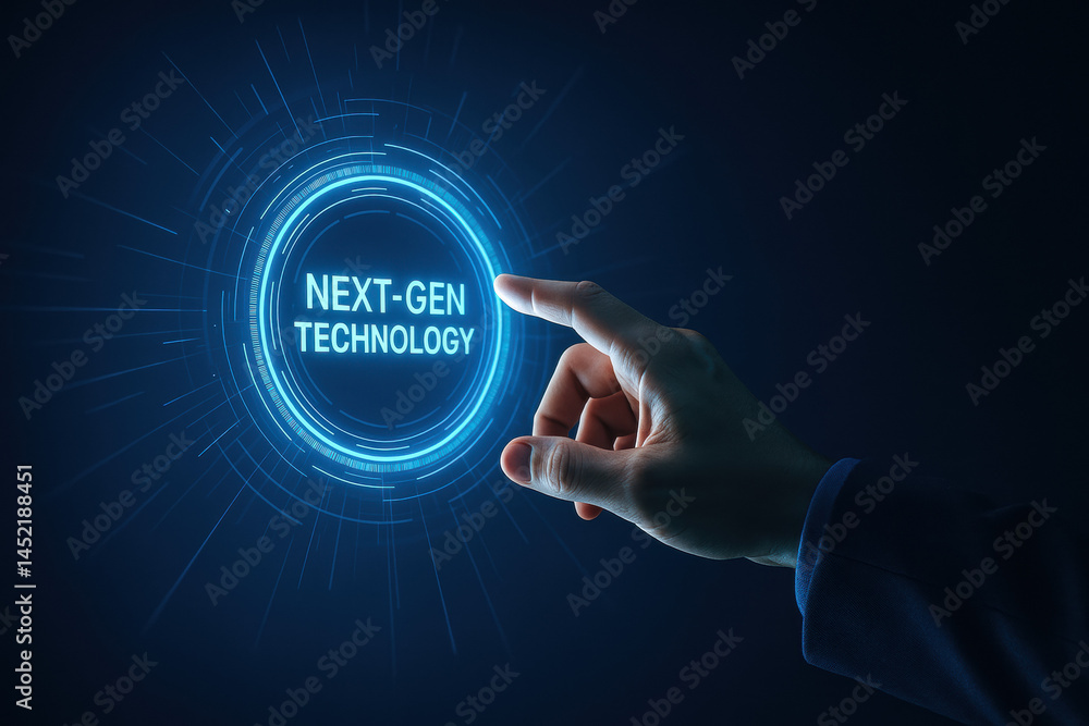 Poster a hand interacts with a futuristic digital interface symbolizing innovation business strategy and de