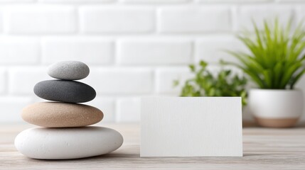 Balanced stones, a blank card, and green plants create a peaceful, minimalist scene against a white brick wall, Mindful Product Photography.