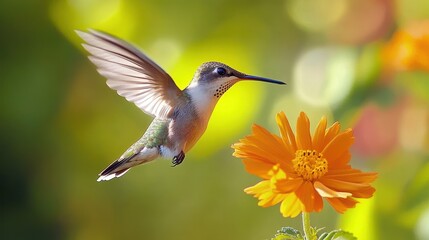 Fototapeta premium A photo of a hummingbird in flight, captured as it hovers near an orange flower.