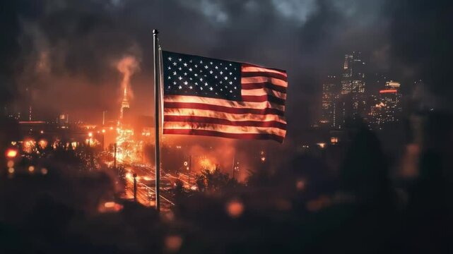 American flag, city fire, night, chaos, protest, news, media