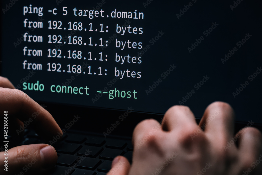 Poster focused hands typing command lines into a black console symbolize strategy and decision-making drivi