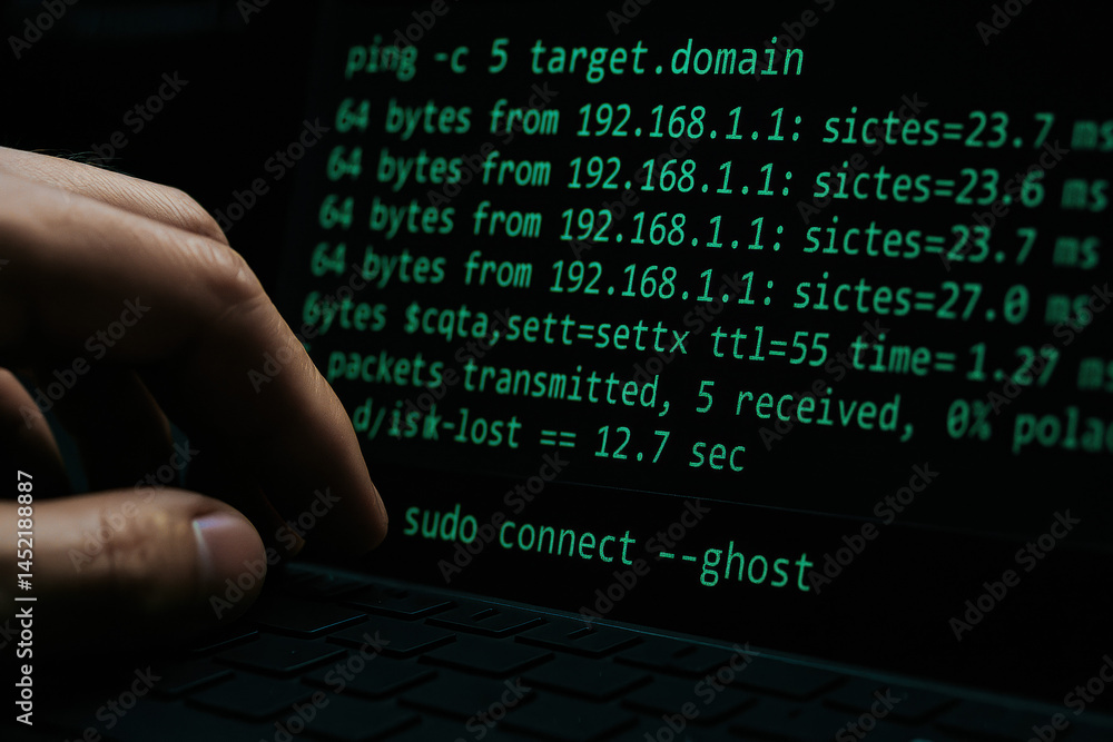 Poster a strategic approach to business growth is symbolized by hands typing command lines on a sleek black