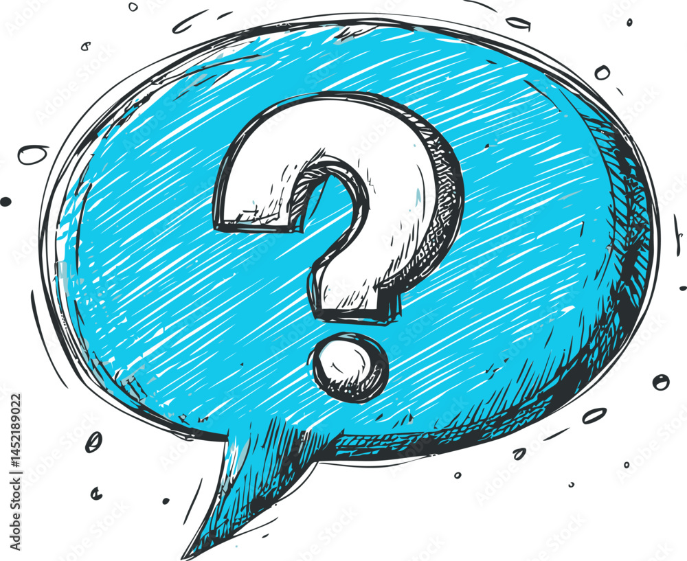 Poster blue speech bubble with question mark sketch, concept of curiosity and inquiry. vector illustration.