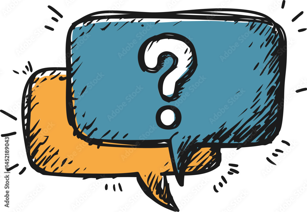 Poster sketch style speech bubbles with question mark in blue and orange colors. vector illustration.