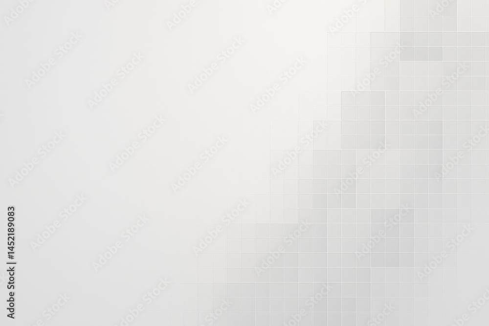 Poster this minimalist design features a soft gray background with overlapping grid squares on the right sy