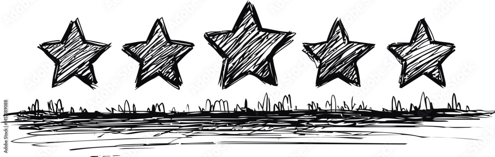 Poster hand-drawn sketch of five large stars over abstract ground pattern illustration. vector illustration