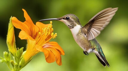 Fototapeta premium A photo of a hummingbird in flight, captured as it hovers near an orange flower.