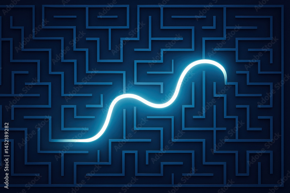 Poster a glowing path navigates a complex maze clean lines symbolizing strategy and decision-making in busi