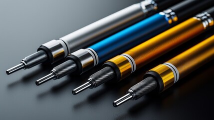 A close-up view of stylish pens on a dark surface, showcasing design and color.