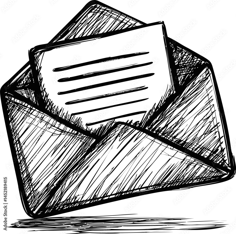 Poster illustrated sketch of an open envelope containing a letter with lines of text. vector illustration.