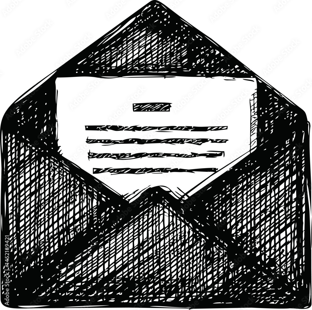 Poster black and white sketch drawing of an open envelope with a letter inside. vector illustration.