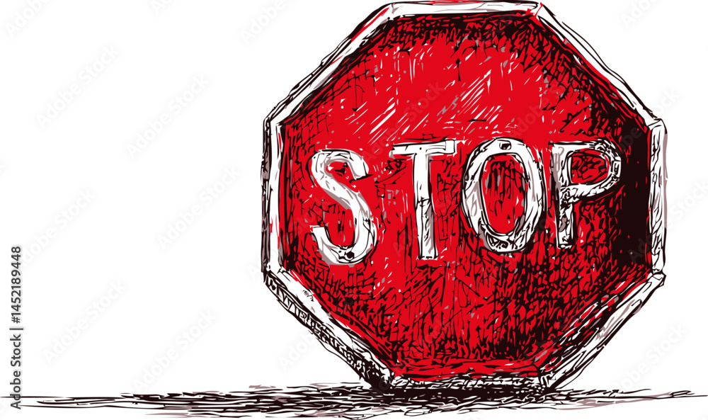 Poster illustration of a red stop sign with sketchy lines and a textured look. vector illustration.