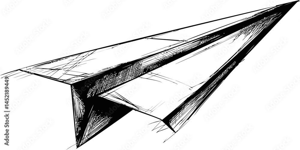 Poster sketch of a paper airplane in black and white with intricate shading details. vector illustration.