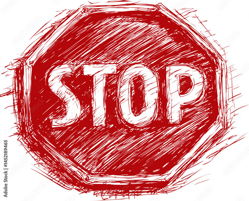 Poster Red sketch-style stop sign with scribbled texture, concept of caution symbol. Vector illustration.