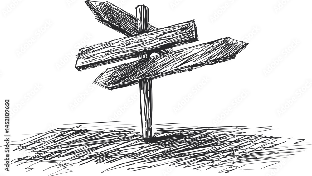 Poster Sketch of a wooden signpost with empty directional arrows. Vector illustration.