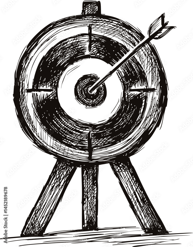 Poster black and white sketch of an archery target with arrow hitting bullseye. vector illustration.