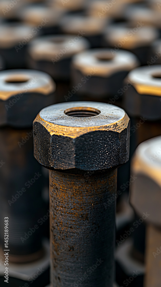 Poster rows of metallic bolts and nuts, oxidation with gold accents create a unique abstract image with mac