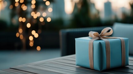 The image highlights an elegant blue-wrapped gift, set against a blurred natural background, combining a sense of tranquility and celebration, ideal for various occasions and emotions.