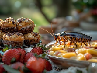 Insect invading a spread of tasty desserts and fresh fruit