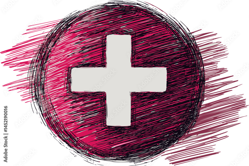 Poster red and white sketched swiss flag with cross in circular form, digital art. vector illustration.