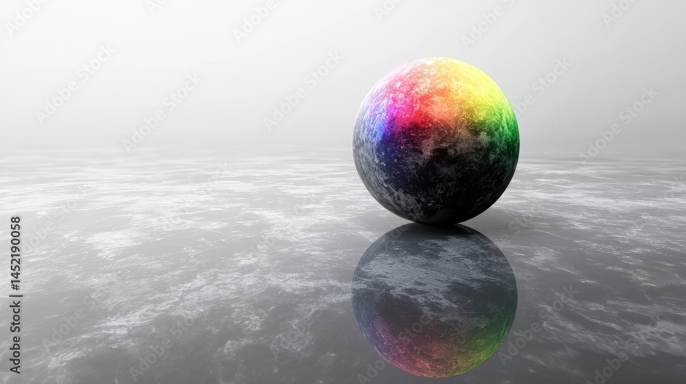 Poster a colorful orb reflecting in a smooth, minimalistic space.