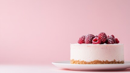 A scrumptious pink raspberry cake sits elegantly on a plate, topped with fresh raspberries, creating a delightful dessert that tempts the taste buds and pleases the eyes.
