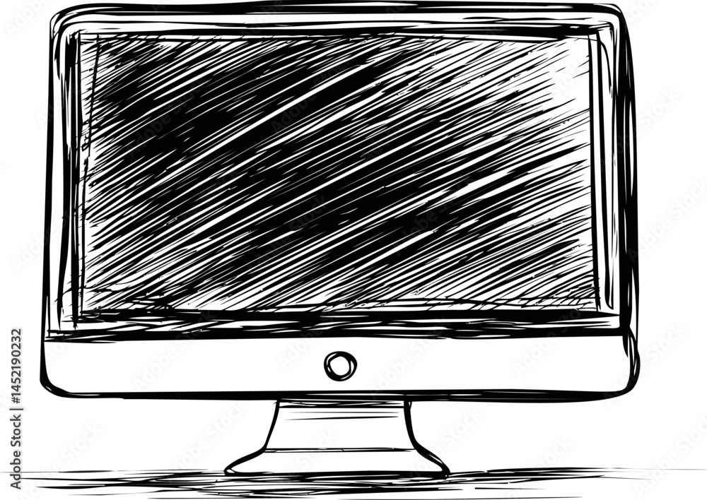 Fototapete detailed sketch drawing of a computer monitor with black scribbled screen. vector illustration.