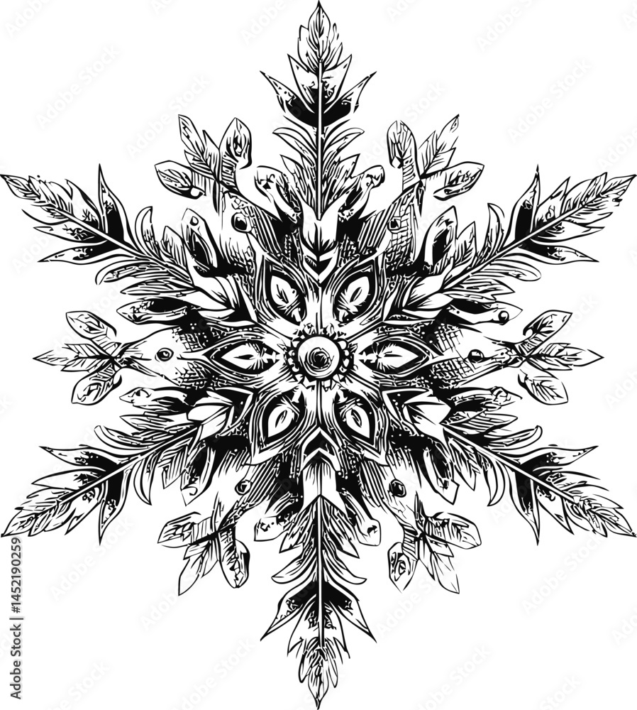 Poster intricate black and white snowflake illustration with detailed patterns. vector illustration.