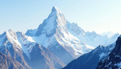 Fototapeta premium Snow-covered mountain peak, pristine white sky, clouds, stock photo, backdrop