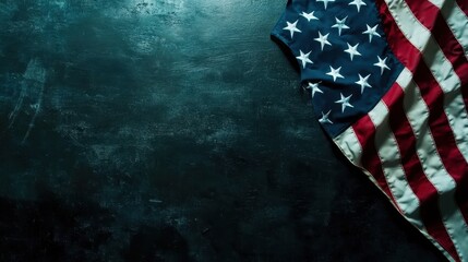Obraz premium Corner of the USA flag resting on a textured black wood table, capturing the essence of patriotism and tranquility in a stunning 4K perspective