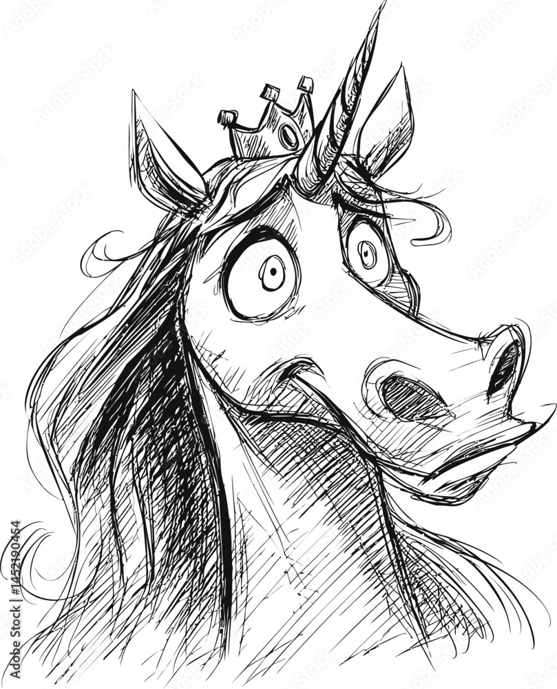 Aufkleber surprised unicorn sketch with a crown and wide eyes. vector illustration.
