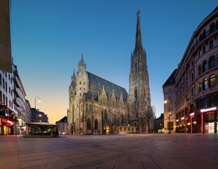 View of St. Stephen's Cathedral (Domkirche St. Stephan) at dusk in Vienna, Austria