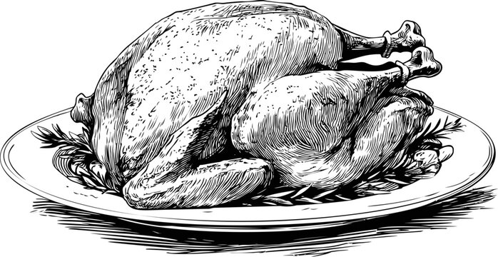 Black and white illustration of a roasted turkey on a platter, line art style. Vector illustration.