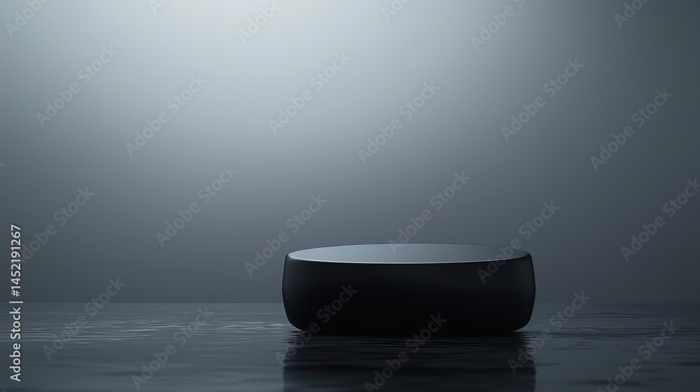 Poster a minimalist black object on a reflective surface with a misty background.